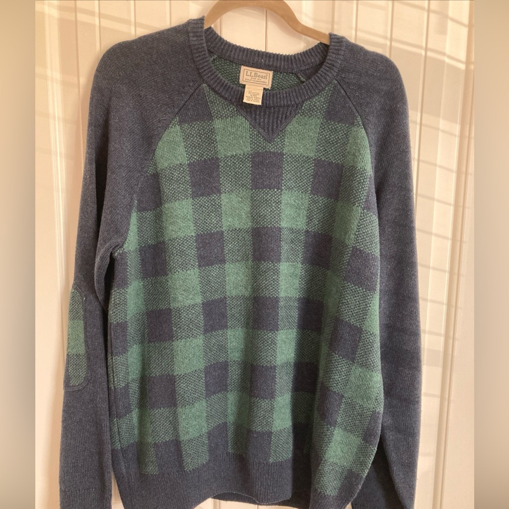 L.L. Bean Men’s Crewneck Sweater in Blue and Green Buffalo Check Cotton/Cashmere